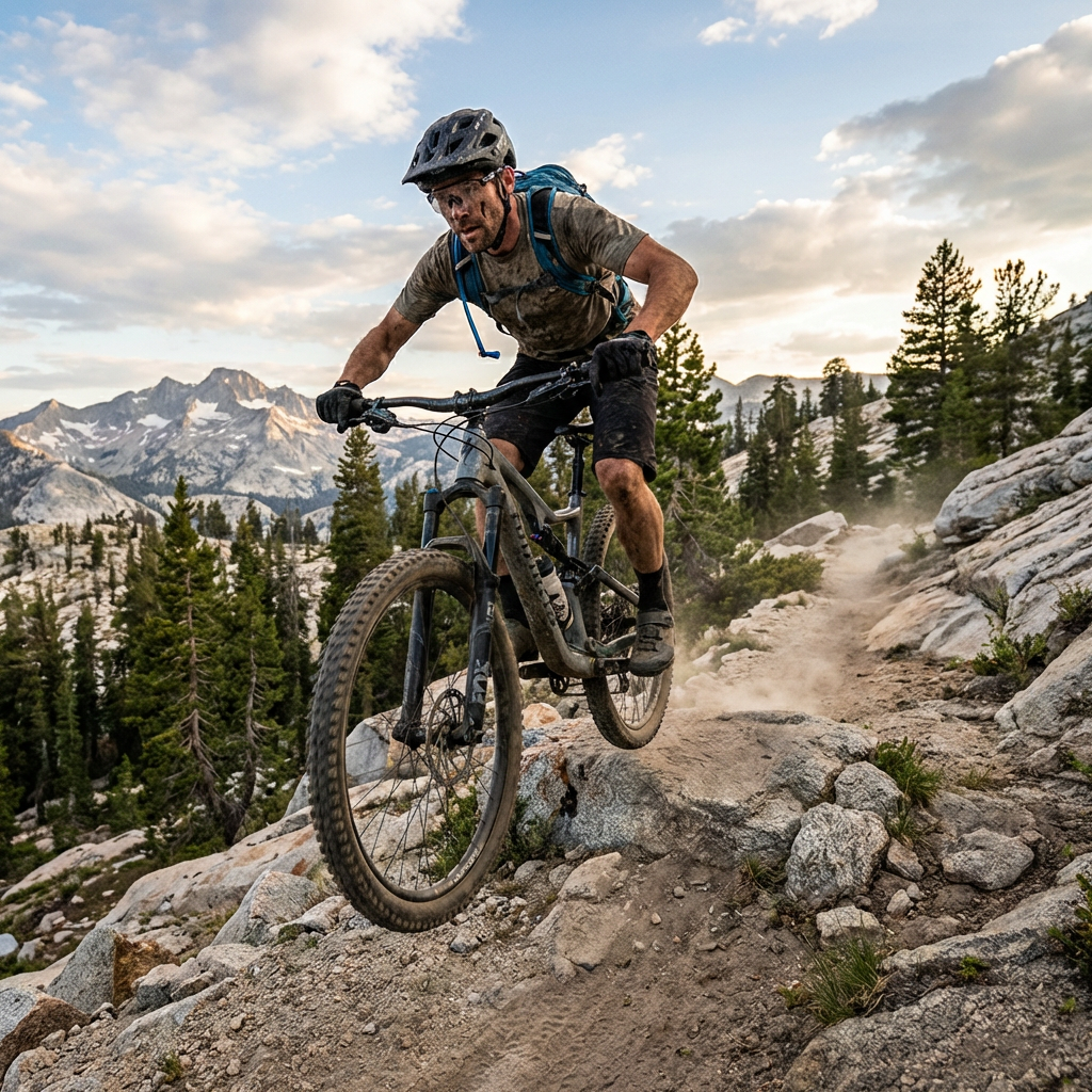A mountain biker riding over rocks on a dusty trail in a high-mountain environment.