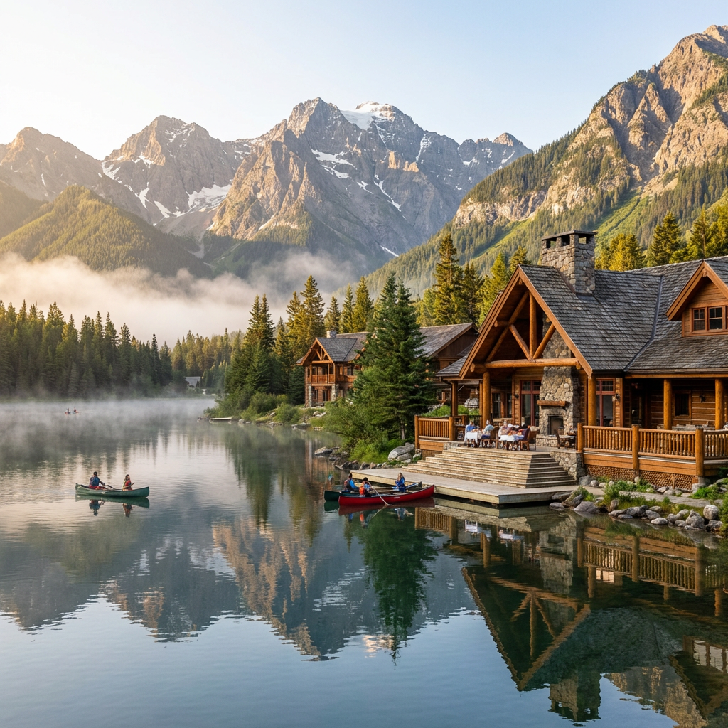 Rustic mountain lodge and canoes reflected in a calm lake near snowy peaks.